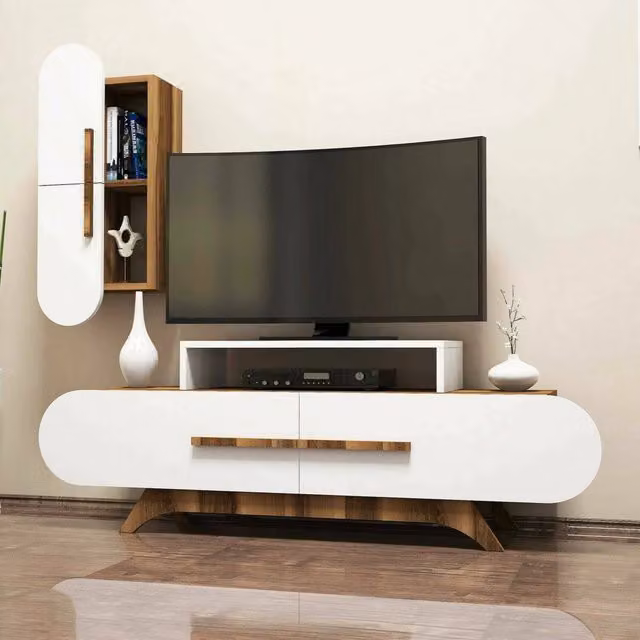 Parete attrezzata DMORA Ifigenia per soggiorno, composizione moderna con mobile basso, armadio porta TV e mensole, Noce e Bianco, L: 145 cm, H: 37 cm, P: 50 cm