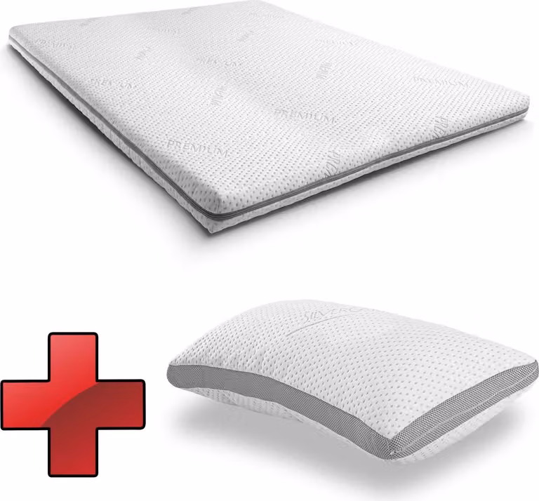 Materasso topper in schiuma a cellule aperte, modello Premium, dimensioni 140 x 200 cm, altezza 8 cm, livello di rigidità H3, con rivestimento antibatterico + Cuscino Supportho effetto gel, dimensioni 40 x 80 cm