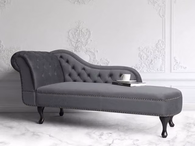 Chaise longue BELIANI in velluto grigio versione sinistra con design a L e dettagli capitonné
