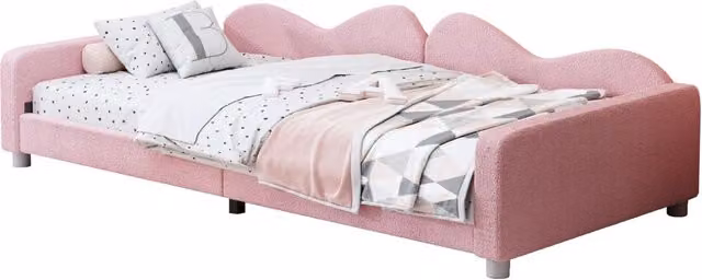 Letto singolo imbottito 90x200 cm con schienale e braccioli; rosa; rete a doghe