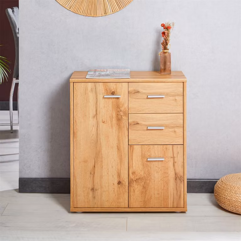 Comò LOCARNO con 2 ante e cassetti, mobile contenitore moderno per ufficio in legno effetto rovere Wotan