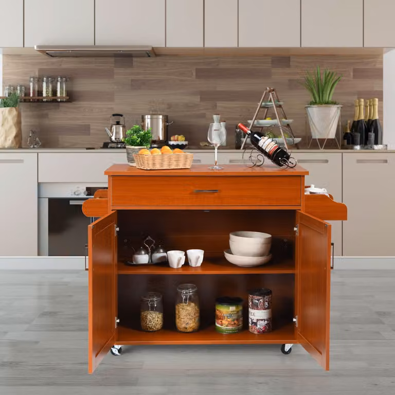 Isola da cucina Costway con mensola regolabile e ruote in gomma, carrello moderno in legno marrone