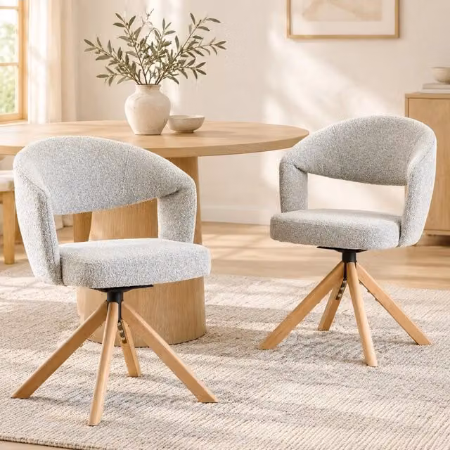 Set di 2 sedie girevoli in tessuto grigio chiaro con gambe in legno massello, altezza 81,5 cm