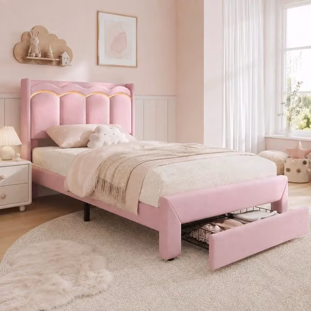 Letto imbottito per bambini 90x200 cm con cassetto e LED; velluto rosa