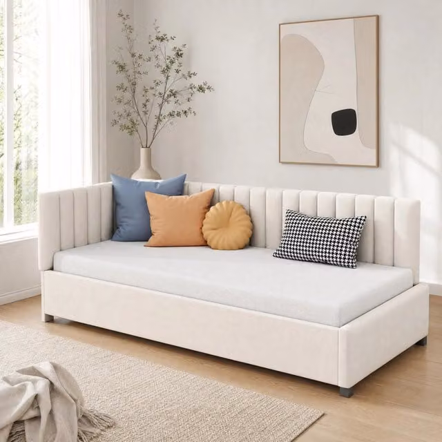Divano letto imbottito 90x200 cm con rete a doghe e testiera reversibile; velluto beige