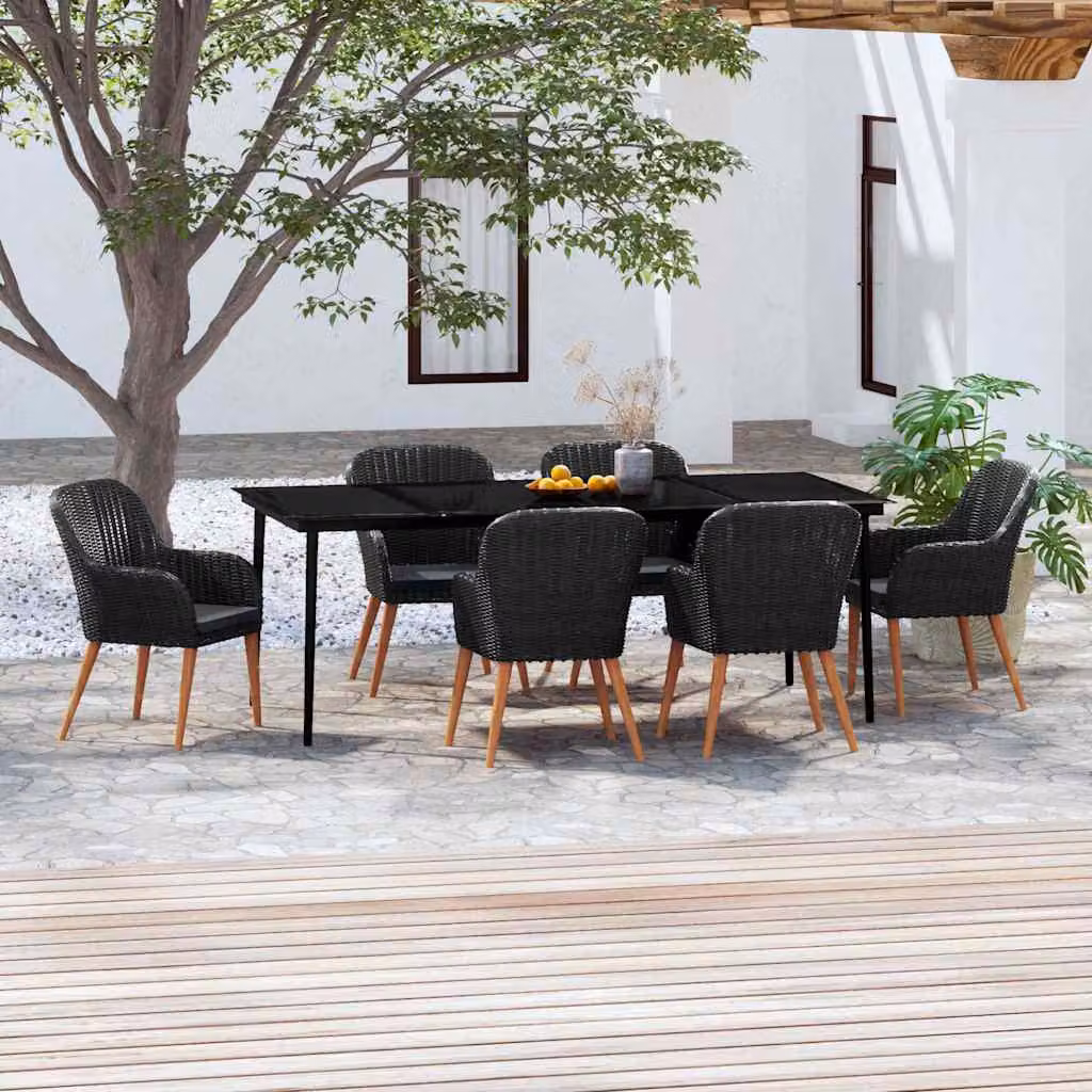 Set da pranzo da giardino vidaXL in polyrattan e legno di acacia con tavolo in vetro e 7 pezzi, nero e grigio