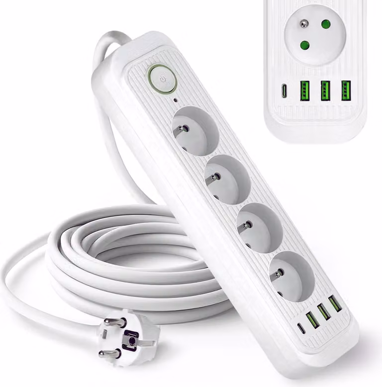 Ciabatta multipresa KOBI CONNECTO, bianca, con 4 prese, cavo da 3 metri, prolunga con 4 porte USB, interruttore on/off e messa a terra