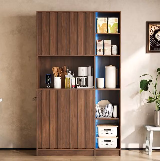 Credenza cucina alta 105x40x180 cm in MDF noce con LED RGB; prese 2 AC + 2 USB