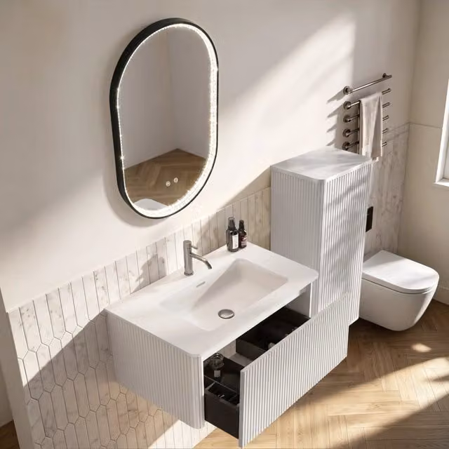 Set mobili bagno sospesi con lavabo, colonna laterale e specchio LED ovale bianco