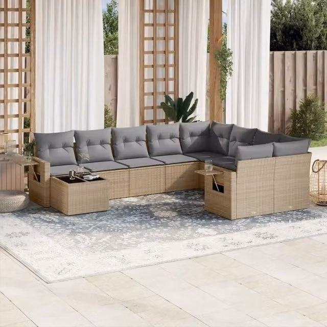 Set Divano da Giardino VIDAXL in Polyrattan con Cuscini Beige 10 Pezzi – 1