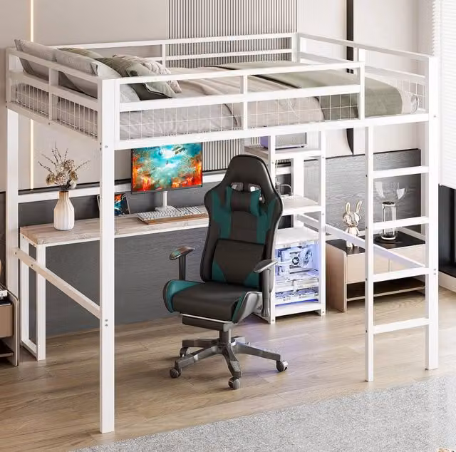 Letto a soppalco ULEVR 140x200 cm con scrivania, ripiani, presa USB e Type-C, metallo bianco