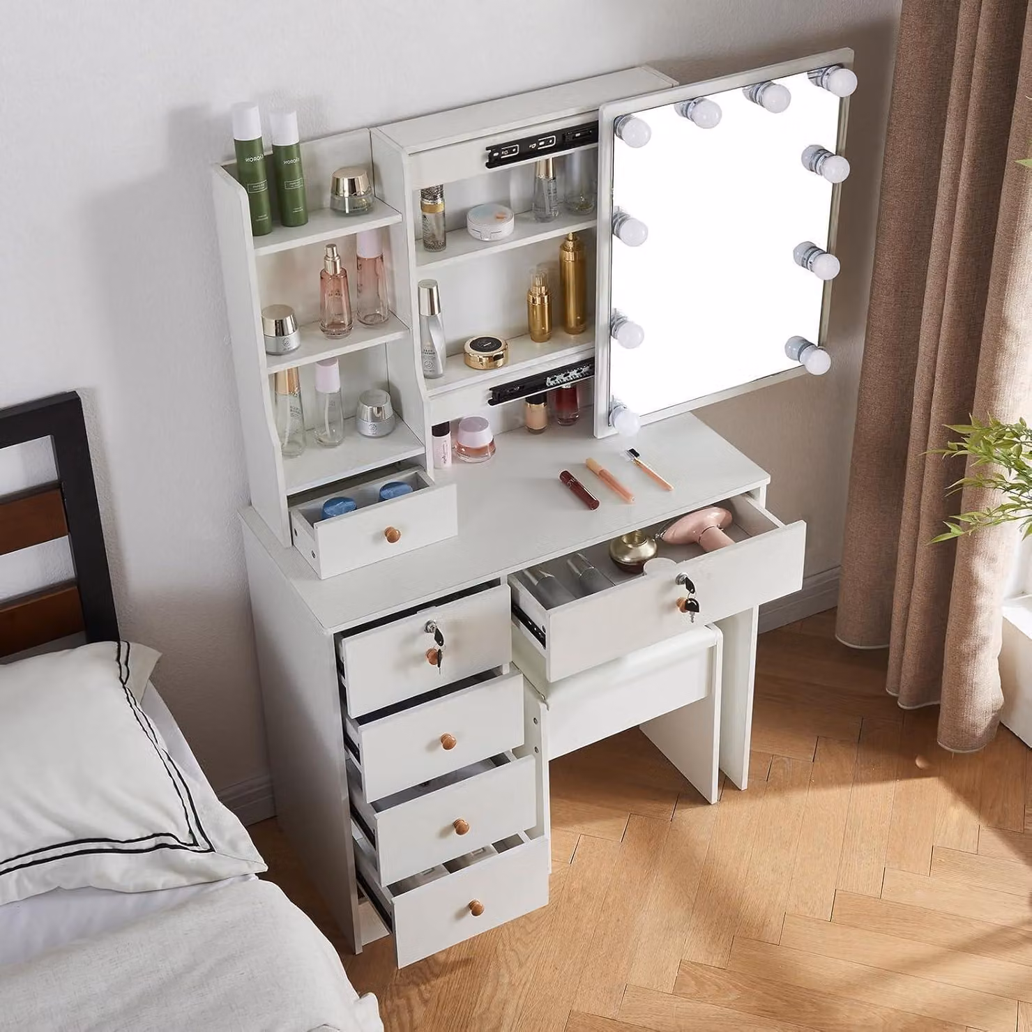 Comò da trucco con illuminazione e sgabello, tavolino da trucco con specchio, 3 temperature di colore, luminosità regolabile, colore bianco, materiale: MDF