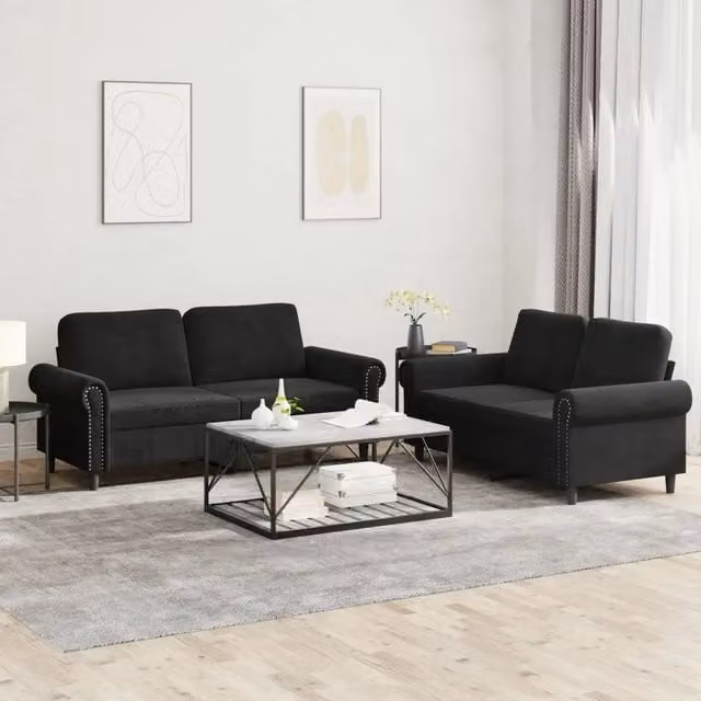 Set di 2 divani vidaXL in velluto nero con cuscini per soggiorno in stile moderno – 1
