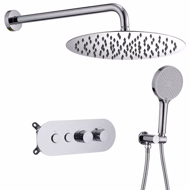 Sistema doccia da incasso con termostato, soffione a pioggia da 30 cm, doccetta manuale, realizzati in ottone e dotati di pulsanti