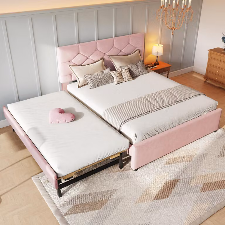 Letto imbottito MODFU 140x200 con contenitore, letto matrimoniale con testata a bottoni, letto per ragazzi con rete a doghe, struttura letto con telaio in MDF e rivestimento in flanella, senza materasso, rosa