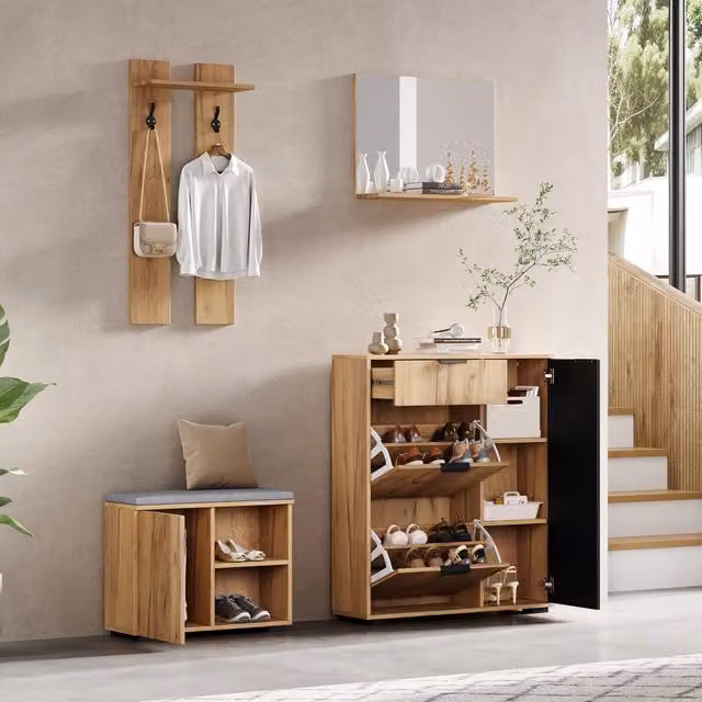 Mobile da ingresso con specchio, panca per scarpe, 4 ante, cassetto e 2 ganci, naturale e nero, 140 × 35 × 139 cm