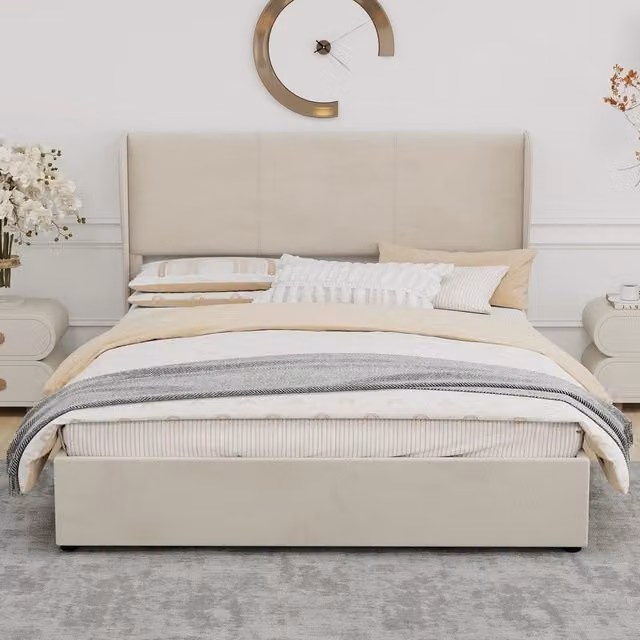 Letto Contenitore Imbottito con Alzata Idraulica ¨C MINIMAL ¨C Beige 160x200