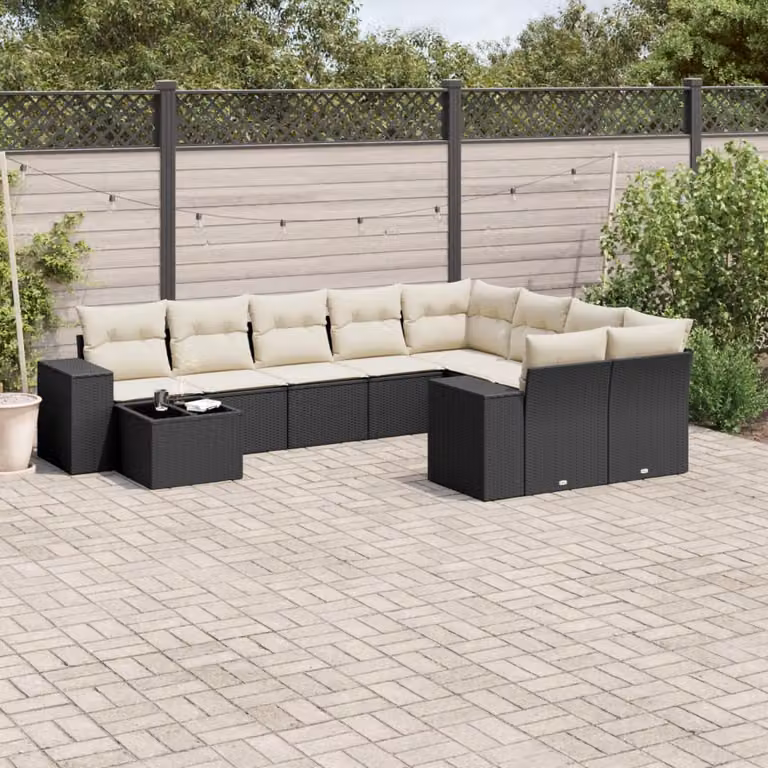 Set di Divani da Giardino vidaXL 10 Pezzi in Polyrattan Nero con Cuscini e Tavolino da Esterno a Forma di L