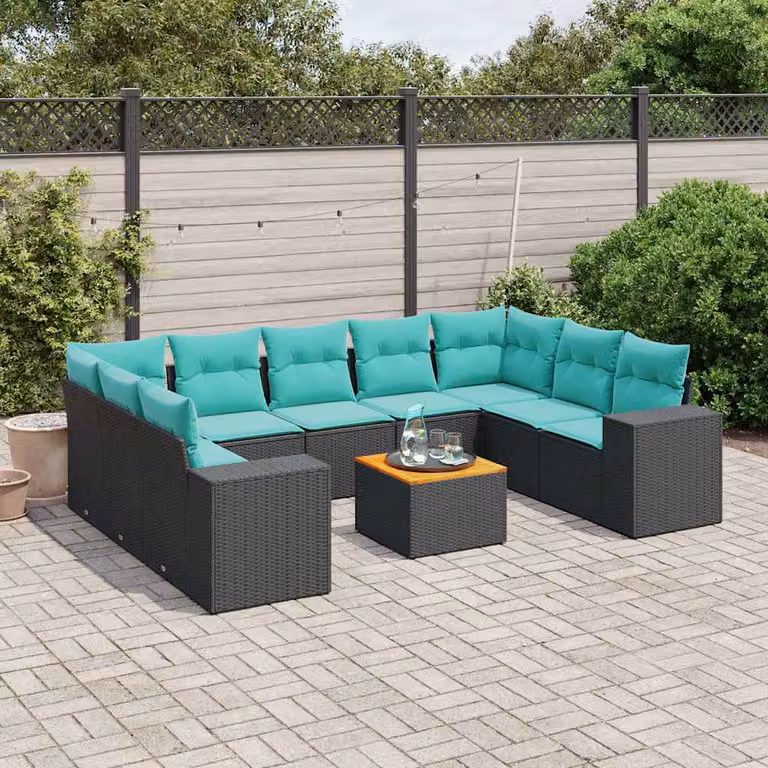 Set Divani da Giardino vidaXL 10 Pezzi in Polyrattan con Cuscini e Tavolino da Esterno a Forma di U, Colore Nero e Blu