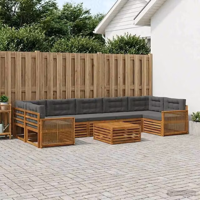 Set di divani da esterno a L con tavolino vidaXL in legno di acacia, beige e antracite, 8 pezzi – 1