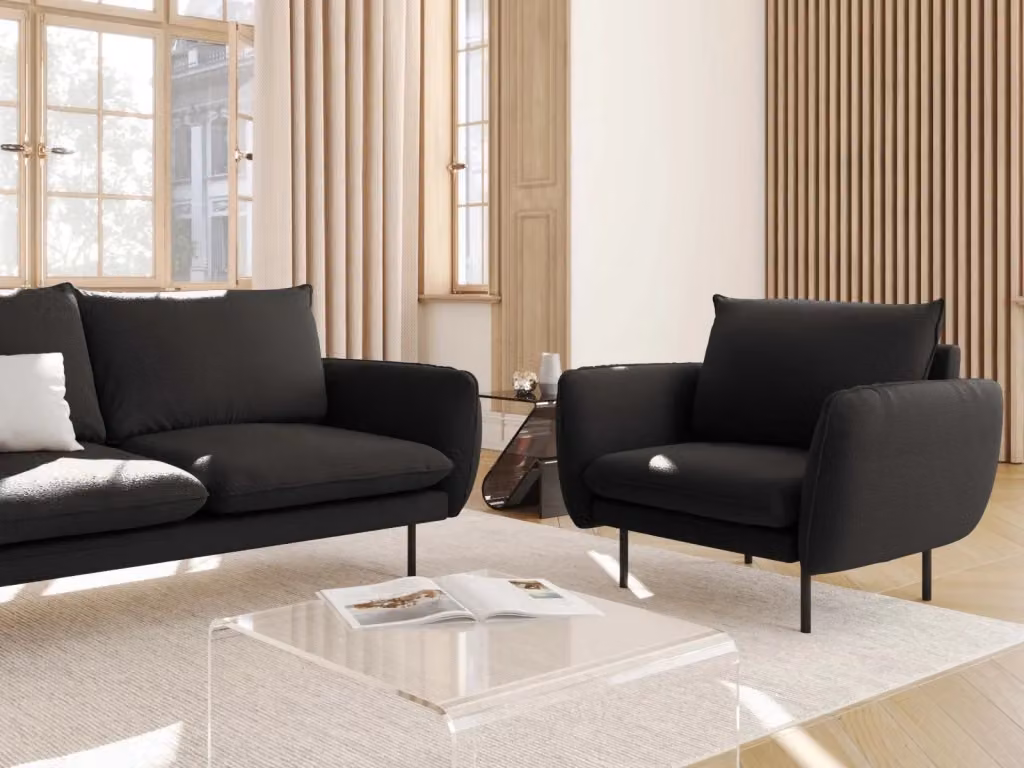 Poltrona Vienna Cosmopolitan Design in bouclé nero con struttura in metallo e braccioli – 2