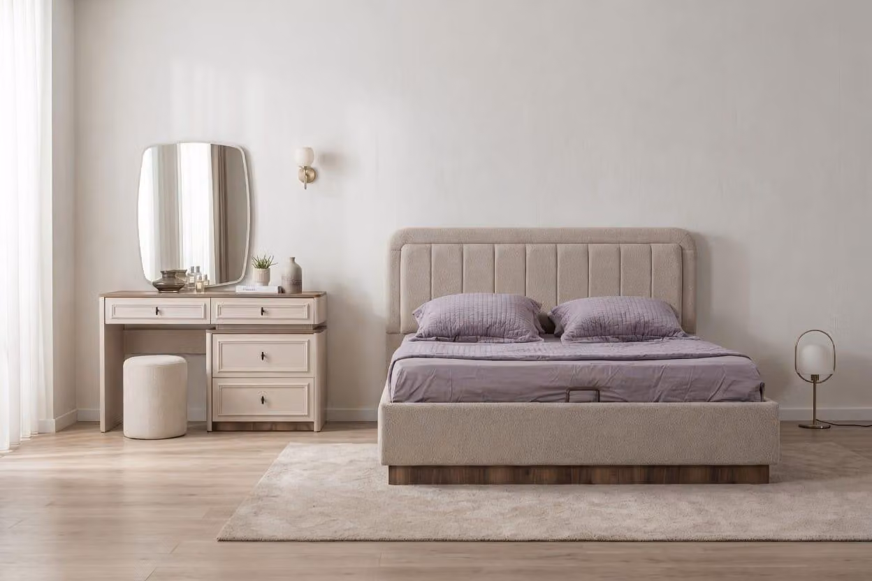 Set completo per camera da letto moderna: letto, comò, specchiera, pouf
