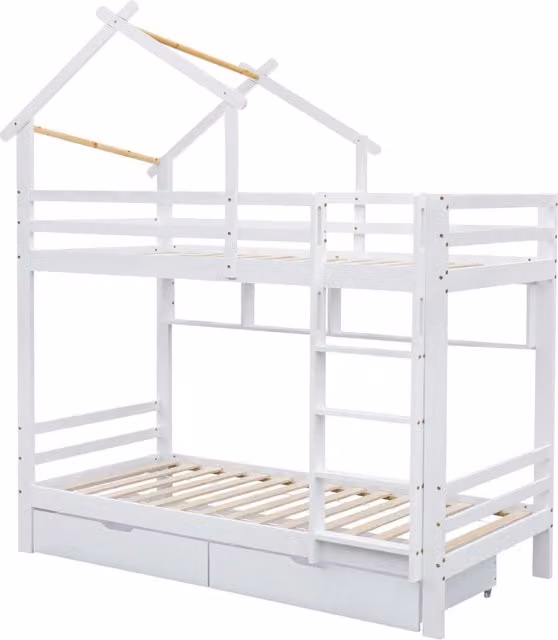 Letto a castello Chicfurn per bambini in legno bianco con cassetti, ripiani e scala, L/P/H: 200 x 90 x 227 cm