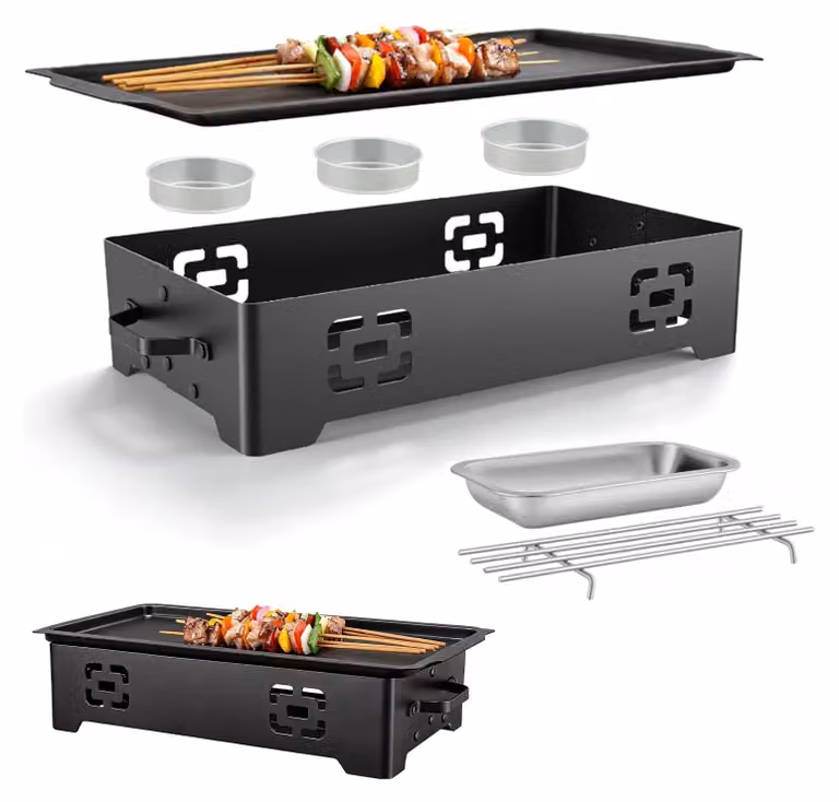 Piastra riscaldante per barbecue, con 2 contenitori per alcol e 1 contenitore per carbone