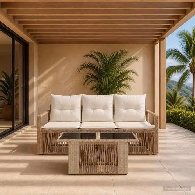 Set Divano da Giardino 4 Pezzi vidaXL con Tavolino, Colore Beige e Bianco, Struttura in Metallo e Polyrattan con Cuscini Imbottiti e Rivestimenti Rimovibili