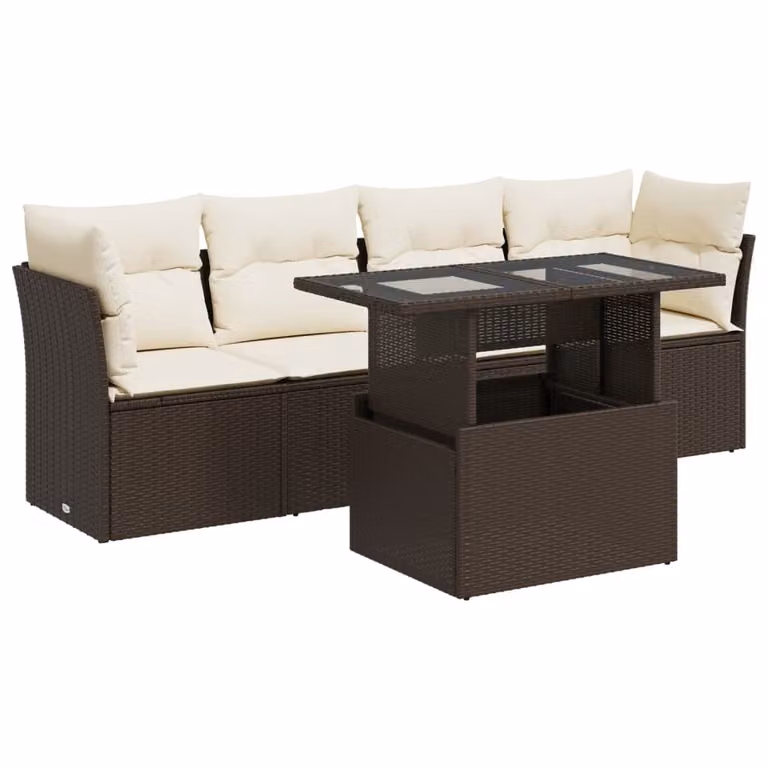 Set Divano da Giardino 5 pz con Cuscini Marrone in Polyrattan