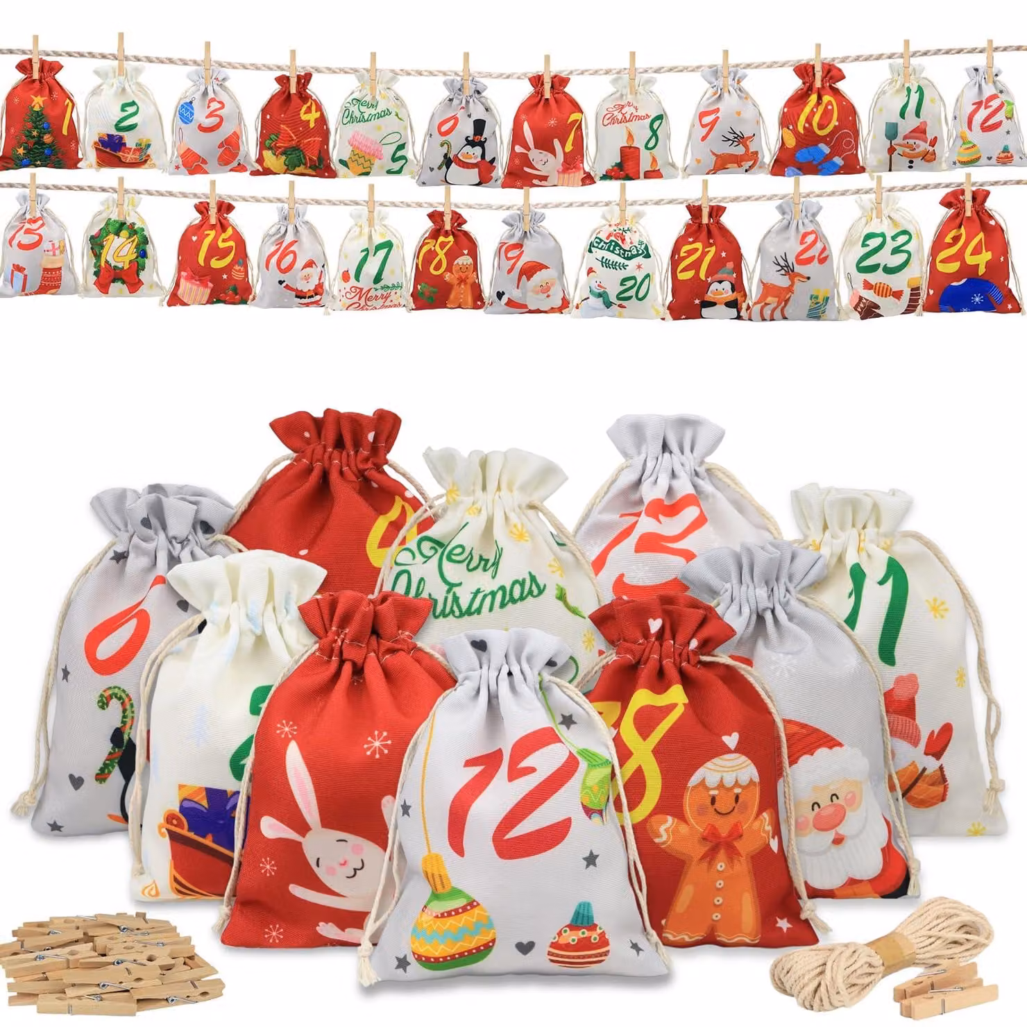 Calendario dell'Avvento in tessuto, con 24 tasche, dimensioni 18x13 cm, ideale per creare decorazioni natalizie fai-da-te