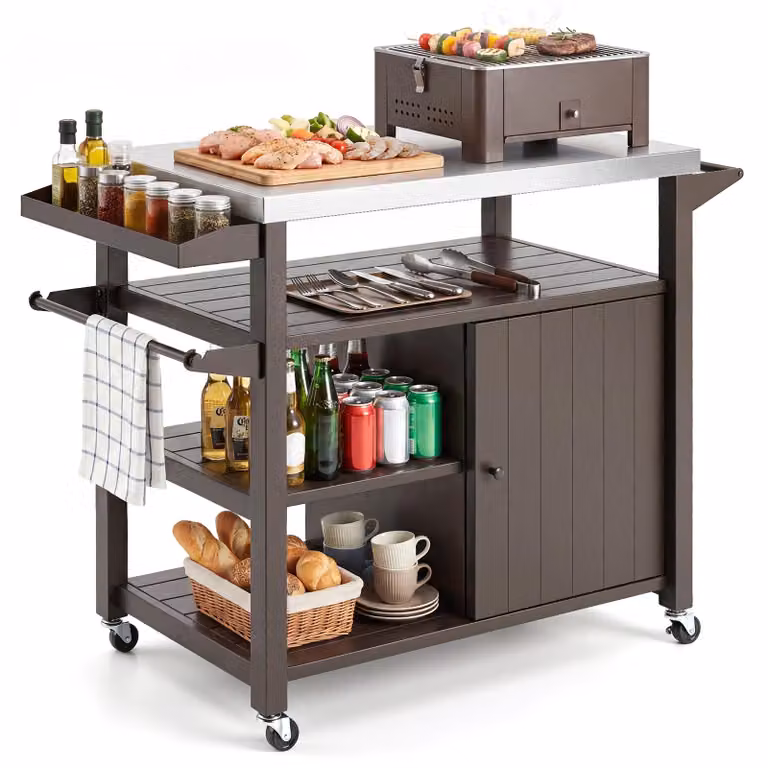 Carrello barbecue COSTWAY in metallo, tavolo da barbecue su rotelle, carrello di servizio con tavolo da lavoro in acciaio inox, 3 ripiani, armadietto, portaspezie e maniglia, tavolino marrone