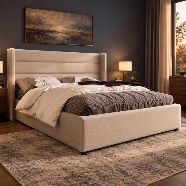 Letto contenitore imbottito 140x200 cm beige con rete a doghe in legno e struttura metallica