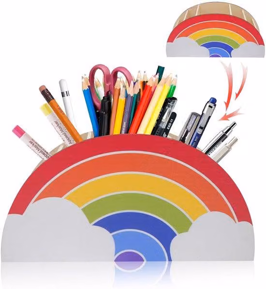 Portamatite in legno, organizer da scrivania, colori dell'arcobaleno, per bambine