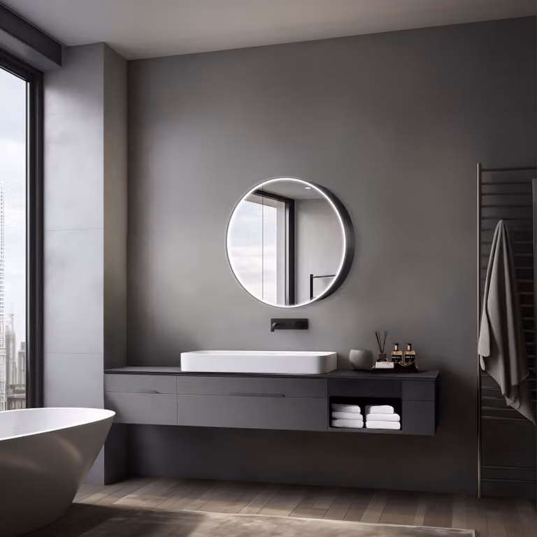 Specchio con illuminazione a LED, diametro 60 cm, colore nero, alluminio, 2 ripiani