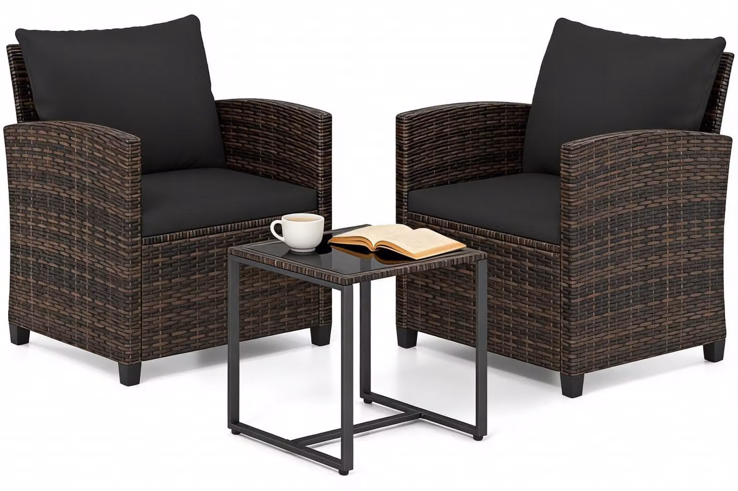 Set da balcone KOMFOTTEU, composto da 3 pezzi, realizzato in rattan di polietilene. Include una seduta con 2 poltrone dotate di cuscini e un tavolo con piano in vetro temperato. Set di mobili da giardino con struttura in metallo, ideale per balconi, terra