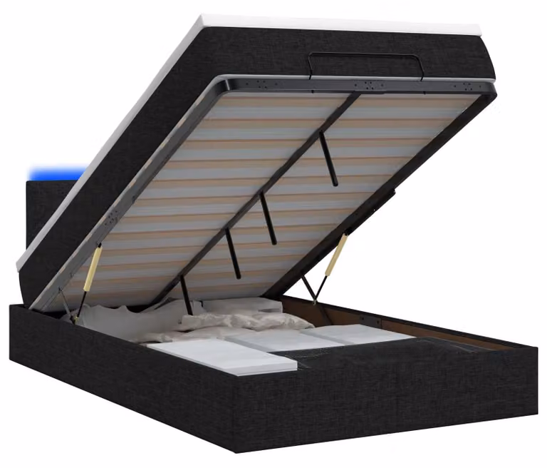 Panca contenitore con materasso e luci LED, colore nero, 120 x 190 cm, rivestita in tessuto