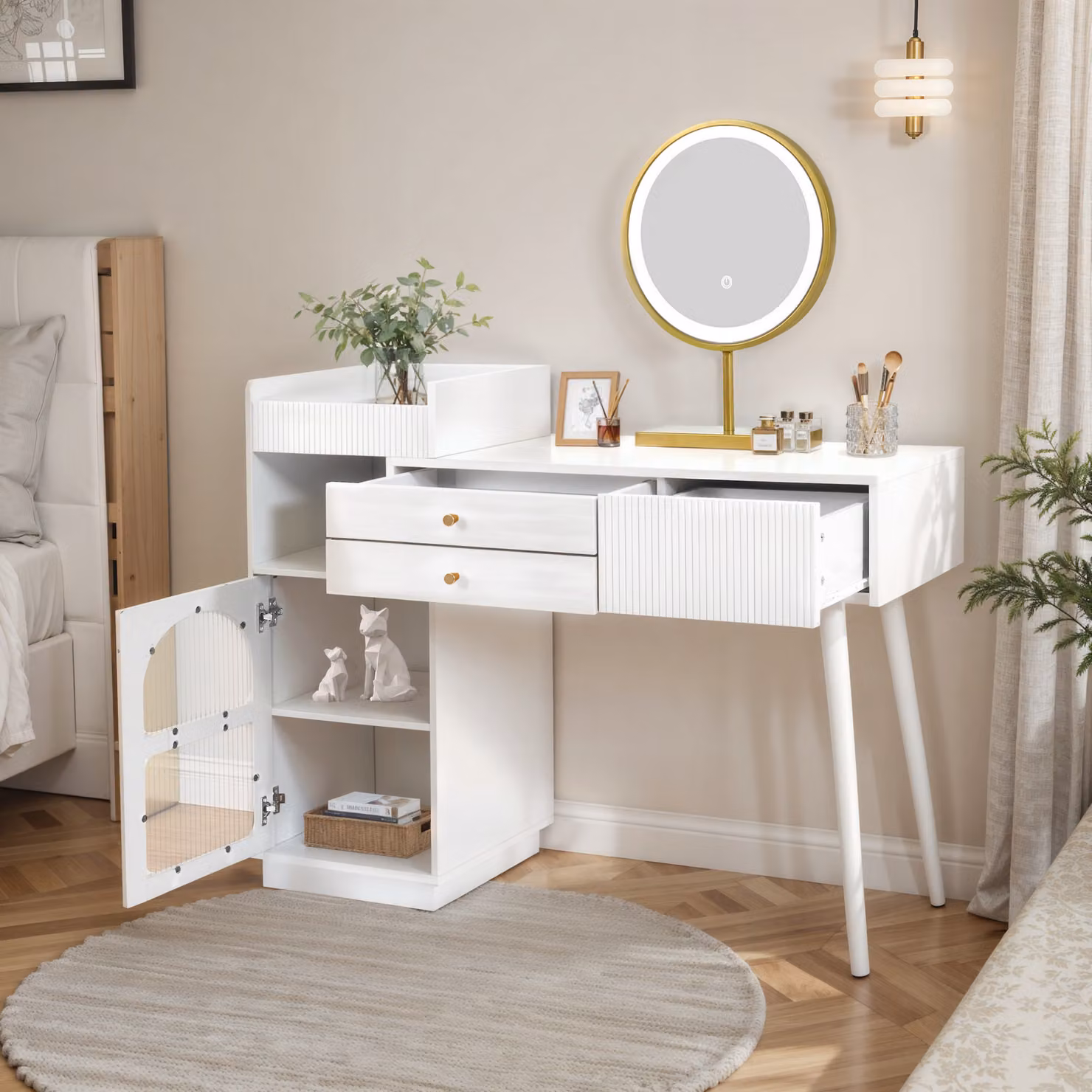 Set da toeletta con specchio a LED e illuminazione a 3 colori, toletta in legno con 3 cassetti e mobile laterale, design estraibile (senza sgabello),
