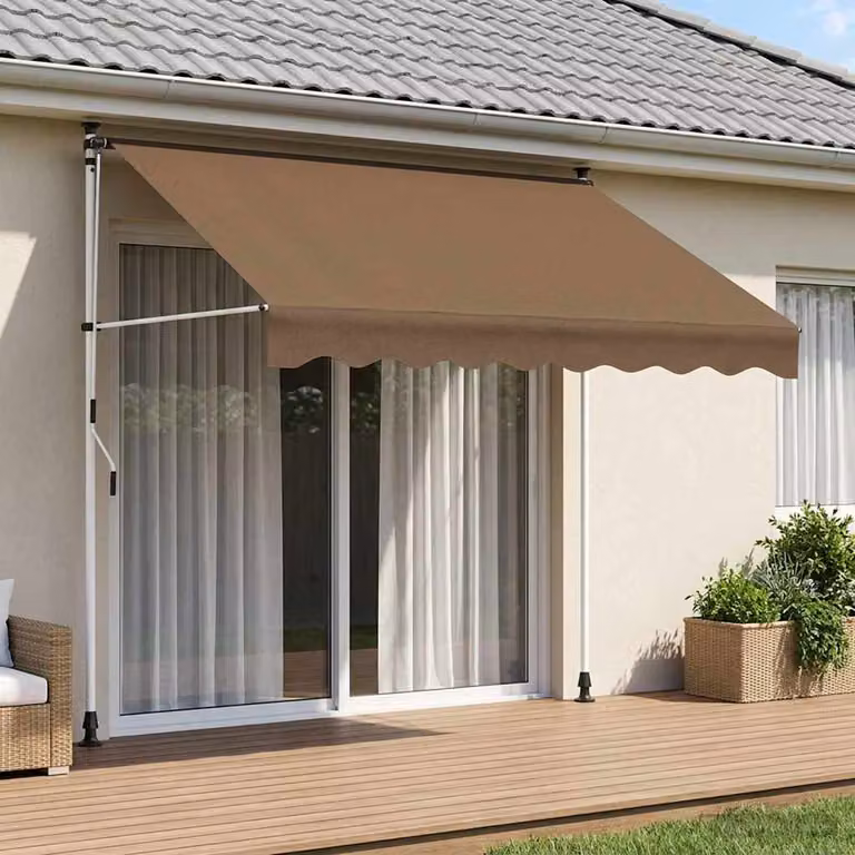 Tenda retrattile manuale vidaXL con bracci pieghevoli in poliestere, colore beige/grigio, L: 300 cm x P: 150 cm