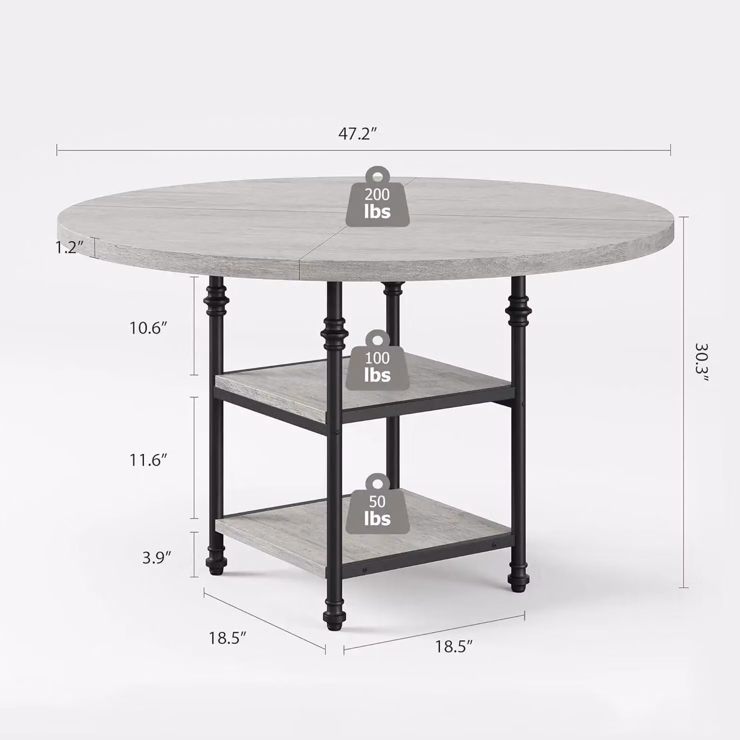 Tavolo rotondo da pranzo, diametro 120 cm - Tavolo per la cucina e la sala da pranzo - Adatto per 4-6 persone - Struttura in legno - Base cilindrica con spazio contenitivo - Stile moderno - Colore grigio