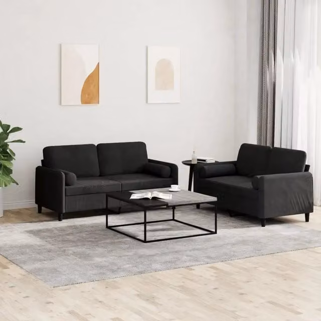 Set di 2 divani vidaXL in velluto nero con cuscini per soggiorno in stile moderno – 1