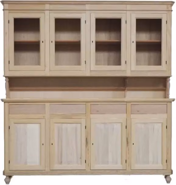 Cristalliera Mobili 2G in legno di pioppo grezzo con 4 ante in vetro e 4 cassetti, L: 196 cm, P: 43 cm, H: 208 cm