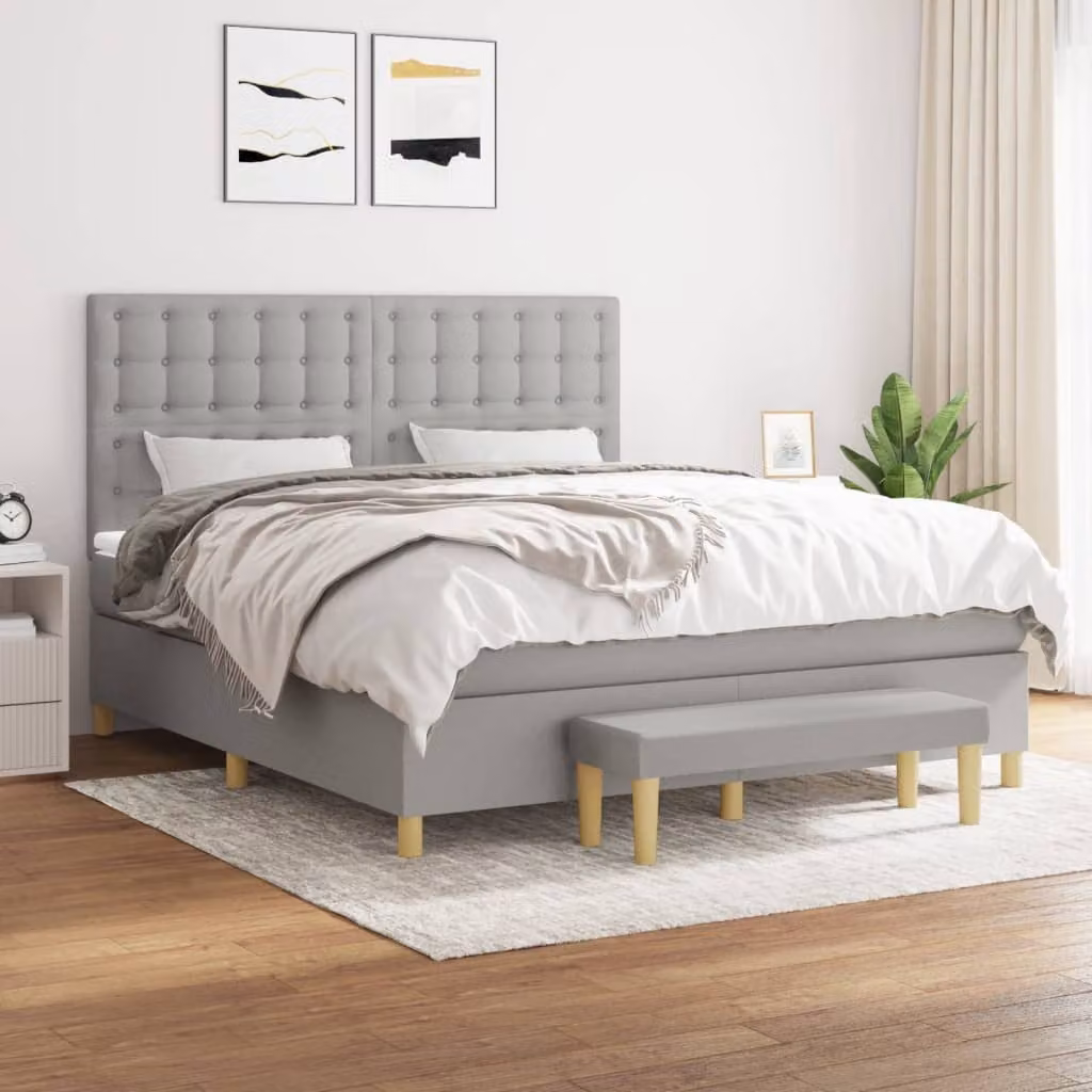 vidaXL Giroletto a Molle Ibrido con Materasso in Tessuto Grigio e Bianco L: 180 cm, P: 200 cm, H: 128 cm – 1