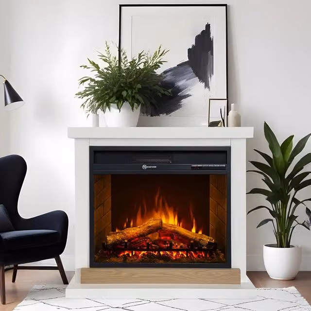 Camino Elettrico DMORA Stia Bianco con Superficie Riscaldabile per 30 m2 L/P/H: 75 x 28 x 70 cm – 1