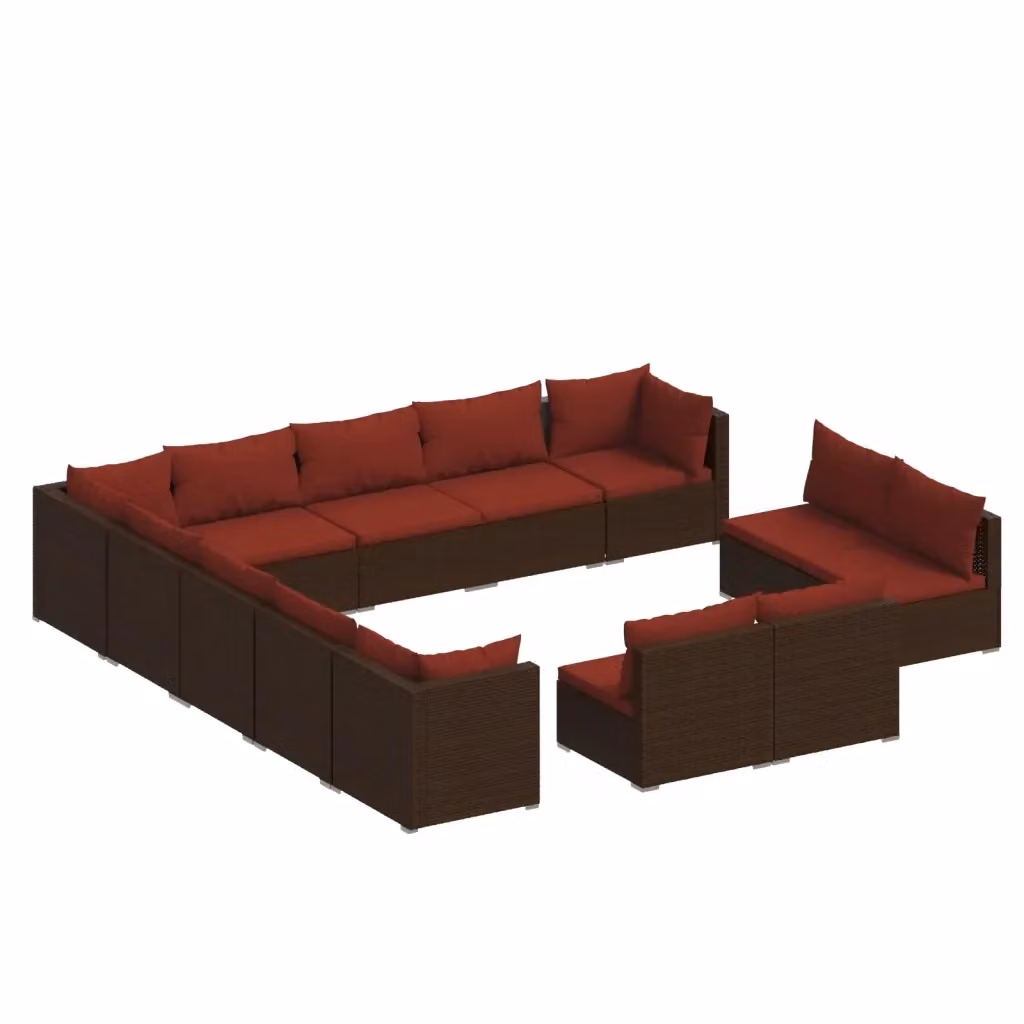 Set di divani da giardino a forma di U vidaXL con cuscini marroni e rossi in rattan e struttura in metallo per terrazzo o balcone – 2