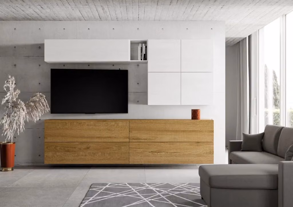 Composizione parete soggiorno moderna Itamoby A151 bianca con pensili e lowboard L: 308 cm – 2