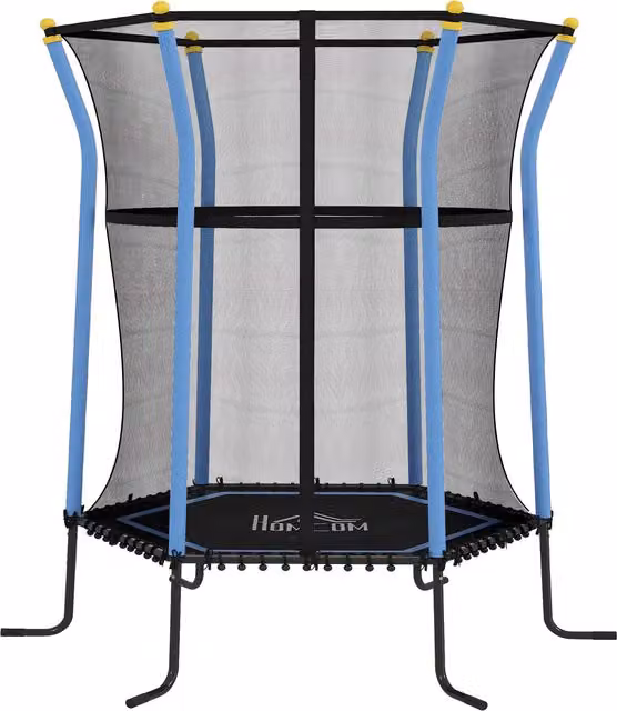 Mini Trampolino Elastico per Bambini HOMCOM con Rete di Sicurezza e Pali Imbottiti, Azzurro, Ø 163,5 x 190 cm – 1