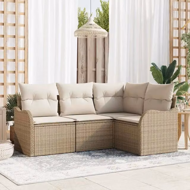 Set Divano da Giardino a L con Tavolino vidaXL, 4 Pezzi, Beige, in Polyrattan con Cuscini e Struttura in Metallo Verniciato a Polvere