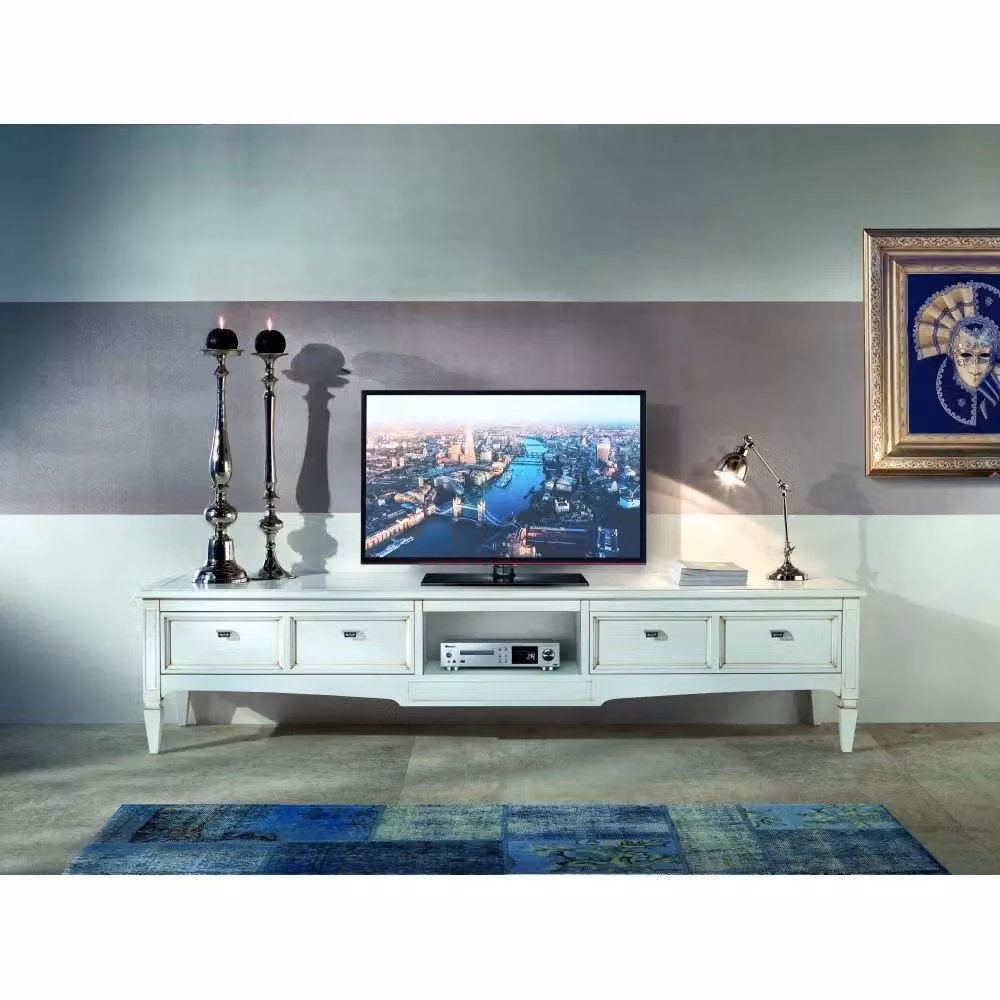 Porta TV classico in legno shabby bianco con 2 cassetti Mobili 2G L: 220 cm, P: 50 cm, H: 51 cm – 2