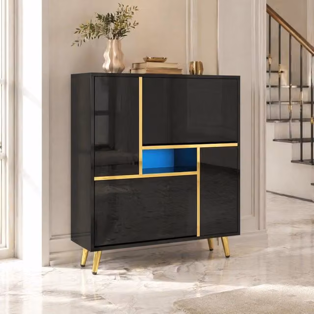 Scarpiera moderna MODFU nera con dettagli oro e illuminazione integrata L: 80 cm, P: 25 cm, H: 96 cm